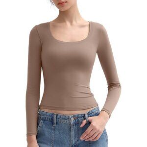 Women Latte Long Sleeve T Shirts Scoop Neck Slim Fit Out Top Collection